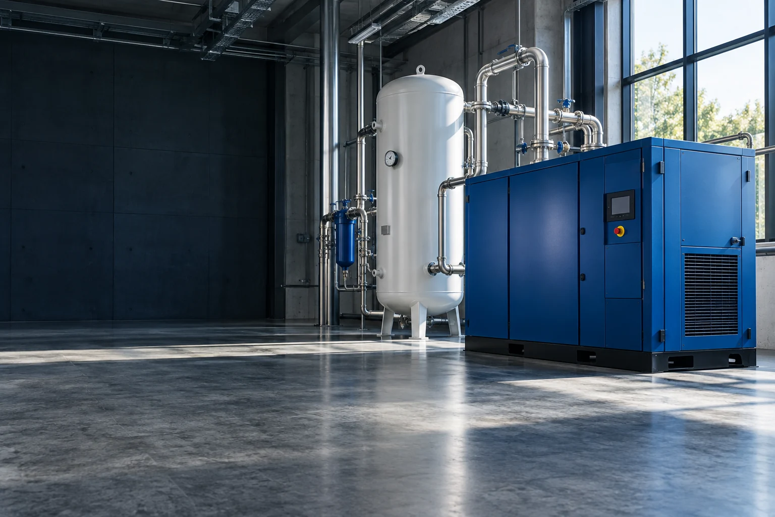 Illustrative compressed air equipment in an industrial setting