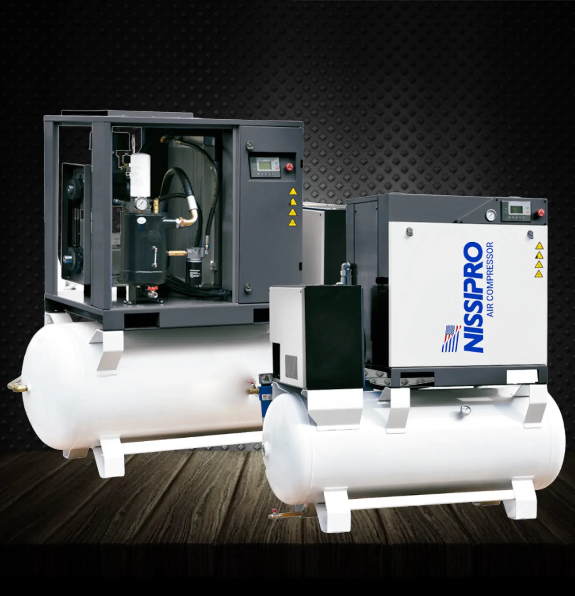 NissiPro screw compressor with its internal components exposed